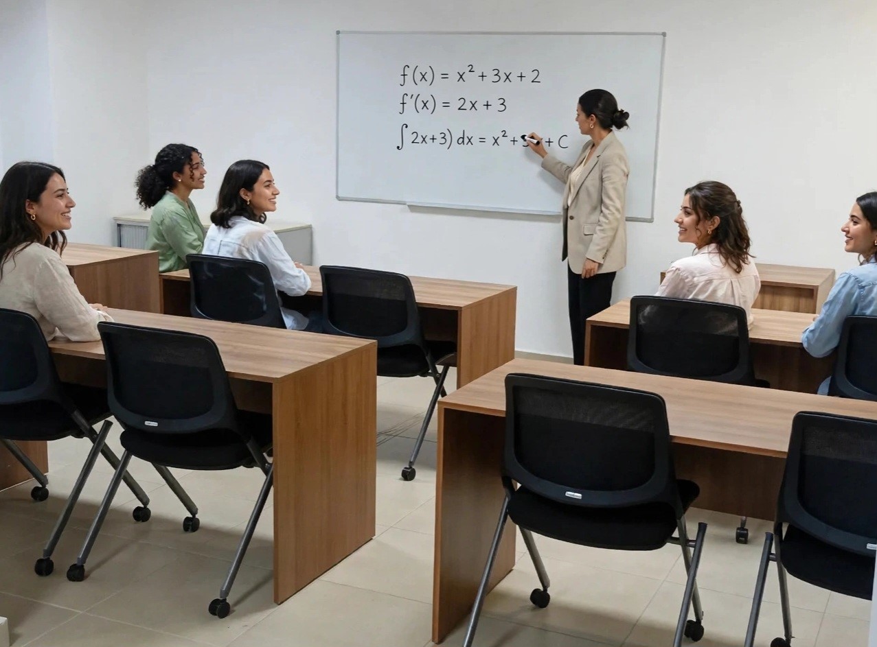 Cours de mathématiques en petit groupe, enseignante au tableau